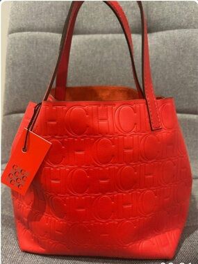 Carolina Herrera Red Embossed CH Logo Tote